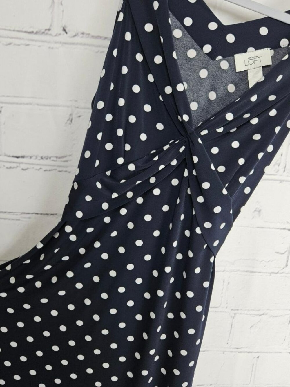 Ann Taylor LOFT Navy Polka Dot Twist Front Midi Dress Womens 12 Event Office